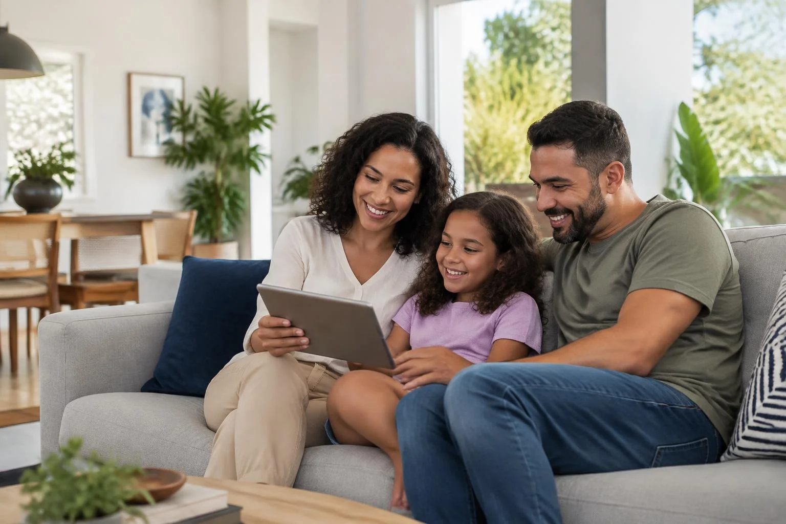 Família compartilhando um momento em casa com um tablet